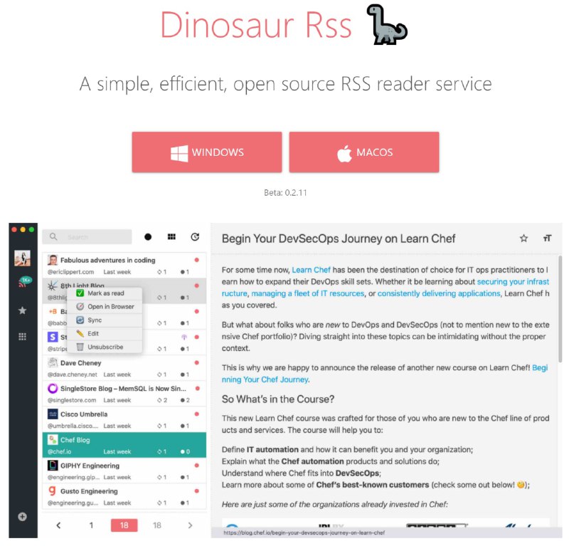 支持 #Windows 和 #Mac 的 #RSS阅读器 ：Dinosaur RSS#DinosaurRSS 是去年底发布的 #开源 两栏式 RSS 订阅客户端，100 个订阅 feed 的限制可通过捐赠解锁