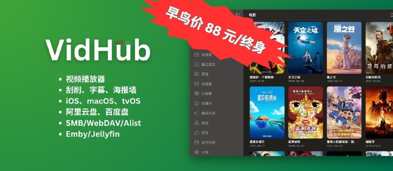 全能视频播放器 VidHub 早鸟价 88 元/终身，仅限之前已安装用户 - 小众软件