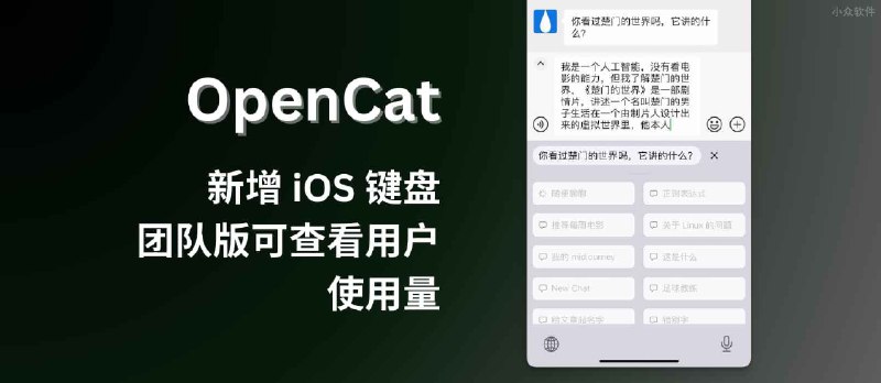 OpenCat 新增 iOS 键盘，超便捷向 ChatGPT 提问，并自动输入回答。另团队版可查看用户使用量 - 小众软件