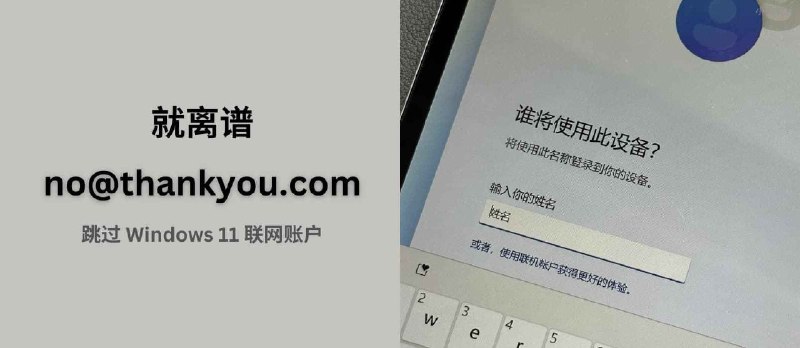 就离谱！安装 Windows 11 时用 no@thankyou.com 登录，就能跳过联网账户，创建本地账 - 小众软件