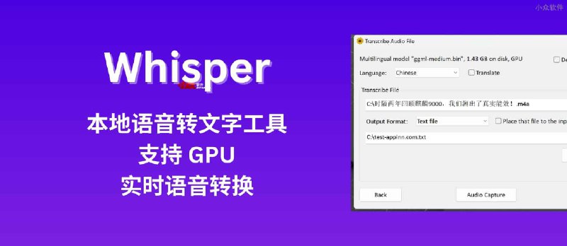 Whisper - 本地语音转文字工具，支持 GPU、支持实时语音转换[Windows] - 小众软件