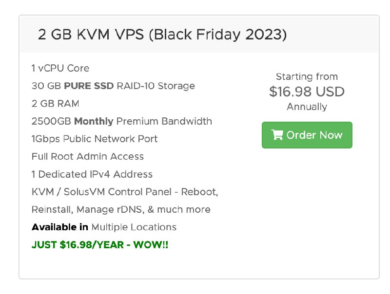 Racknerd 黑五 VPS 推荐，配置：2 GB KVM VPS (Black Friday 2023)  ，30GB硬盘，2500G月流量，1G带宽