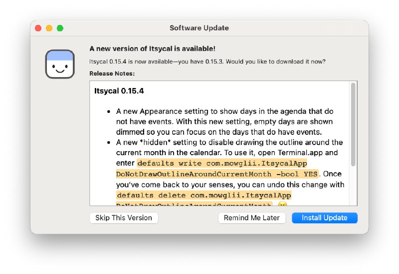 Itsycal 0.15.4 更新新增的外观设置显示没有事件的天数