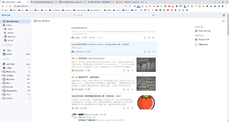 https://github.com/lcomplete/huntly这个东西，有点自托管 Google Reader 的意思信息管理工具、RSS 阅读器、GitHub stars 管理、推文管理、自动记录浏览过的文章