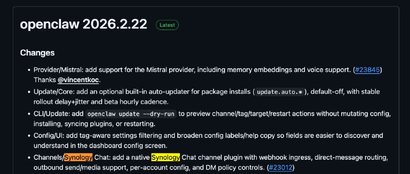 OpenClaw 最新 2026.2.22 居然新增加了 Synology Chat 渠道