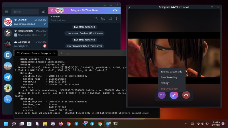🔥 RTMP Live StreamManage Live Streams in your groups and channels using external software like OBS Studio, XSplit Broadcaster, or FFmpeg.Notes:• With external software, you can stream from many sources: desktop or window screen, video file, etc.• FFmpeg: Documentation, Encoding for streaming sites• You can now Start RTMP Live Stream in production server: open a group/channel as owner > click Live Stream button > Stream With.• Check @avformat for sample video files (AVC, HEVC, AV1, etc)Try these parameters to stream video files with FFmpeg• RTMP for any video codec:ffmpeg -stream_loop -1 -re -i "movie.mkv" -c:v libx264 -preset veryfast -b:v 3500k -maxrate 3500k -bufsize 7000k -pix_fmt yuv420p -g 50 -c:a aac -b:a 160k -ac 2 -ar 44100 -f flv rtmps://dc2t.rtmp.t.me/s/10909994:xxxxx