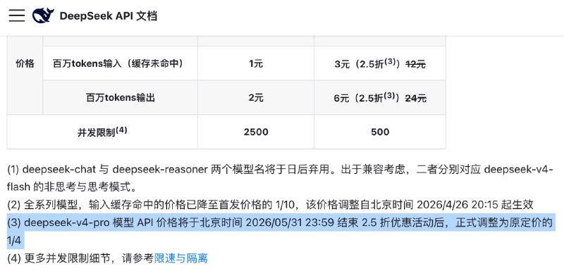 Deepseek V4 Pro 模型新优惠定价出来了