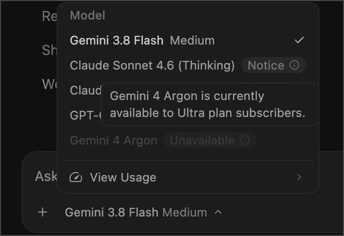 Aantigravity 上新了 Gemini 4 Argon 模型，但仅限 Ultra 套餐可用