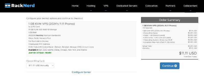 高性价比的 VPS 服务商 RackNerd 刚刚发来最新的 11.11 VPS 优惠 😂支持支付宝和银联卡，价格蛮划算的：1️⃣ 1 GB KVM VPS – 每年 11.11 美元！