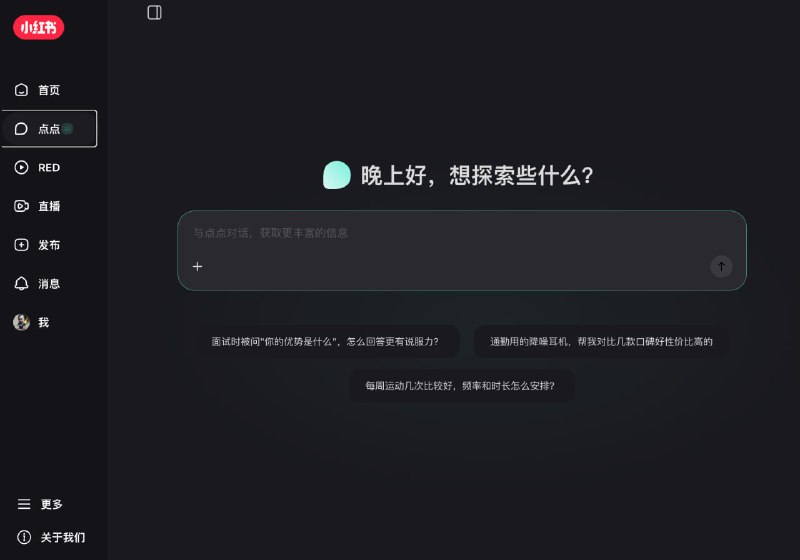 小红书网页版新增加了 点点一个AI聊天工具