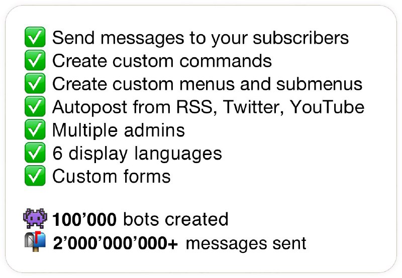 Manybot 是一款不需要敲代码就能用的 Telegram bot，你可以用它控制你的 bot 给群组、频道发消息、自动发送 RSS 内容、创建菜单、定时发消息、指定内容自动回复等功能
