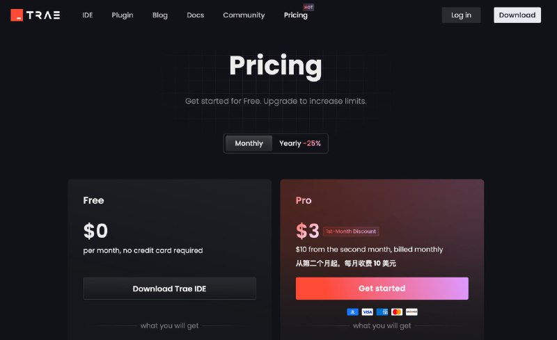Trae 价格出来了，首月3美金，次月10美金