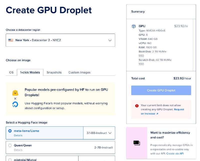 云服务商 DigitalOcean 推出一键部署 Hugging Face 模型服务 HUGS on DO只需要几分钟，Hugging Face 用户就可以直接在 DigitalOcean GPU Droplet（使用 NVIDIA H100）上部署最流行的模型目前支持的模型：- meta-llama/Meta-Llama-3.1-8B-Instruct- meta-llama/Meta-Llama-3.1-70B-Instruct- meta-llama/Meta-Llama-3.1-405B-Instruct-FP8- Qwen/Qwen2.5-7B-Instruct- google/gemma-2-9b-it- google/gemma-2-27b-it- mistralai/Mixtral-8x7B-Instruct-v0.1- mistralai/Mistral-7B-Instruct-v0.3- mistralai/Mixtral-8x22B-Instruct-v0.1- NousResearch/Hermes-3-Llama-3.1-8B- NousResearch/Hermes-3-Llama-3.1-70B- NousResearch/Hermes-3-Llama-3.1-405B- NousResearch/Nous-Hermes-2-Mixtral-8x7B-DPO价格以 Llama 3.1-8B-Instruct 为例，使用 8 块 H100，显存640G，内存1920GB，价格为 $23.92/小时