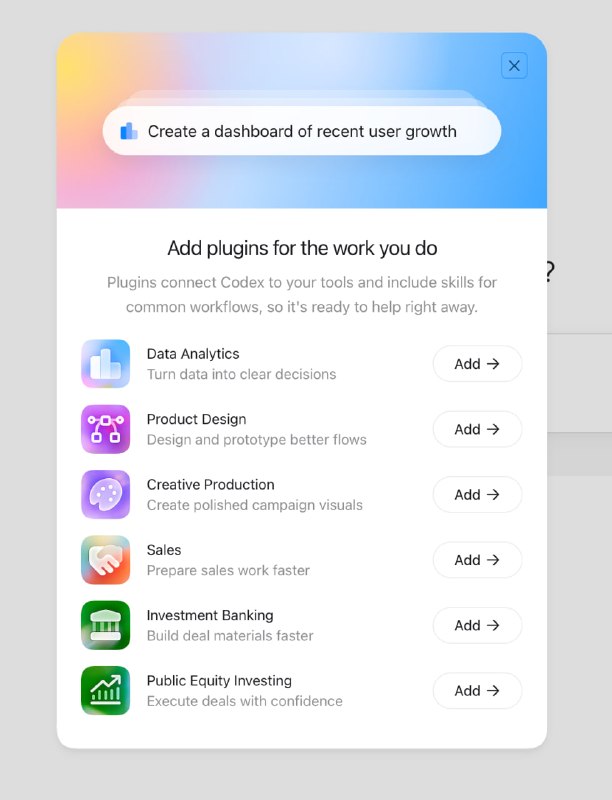 更新 Codex 后出现了这个：Data Analytics（数据分析）Product Design（产品设计）Creative Production（创意制作）Sales（销售）Investment Banking（投行）Public Equity Investing（股票投资）进入具体的插件后，提示不可用