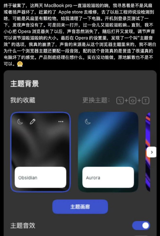 终于破案了，这两天 MacBook pro 一直滋啦滋啦的响，我寻思着是不是风扇或者扬声器坏了，赶紧约了 Apple store 去维修，去了以后工程师说没检测到啥，可能是风扇里有颗粒物，给我清理了一下电脑