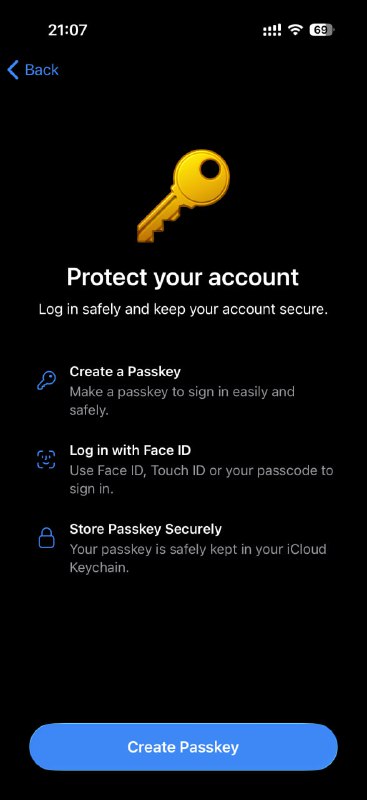 Telegram 这个 Passkey 添加之后，怎么用呢？登录的时候依旧要求手机号码，也没有要求使用 Passkey
