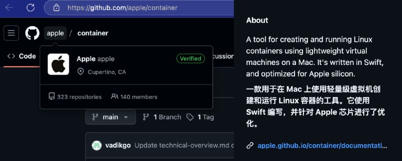 苹果官方开源 container：一款用于在 Mac 上使用轻量级虚拟机创建和运行 Linux 容器的工具