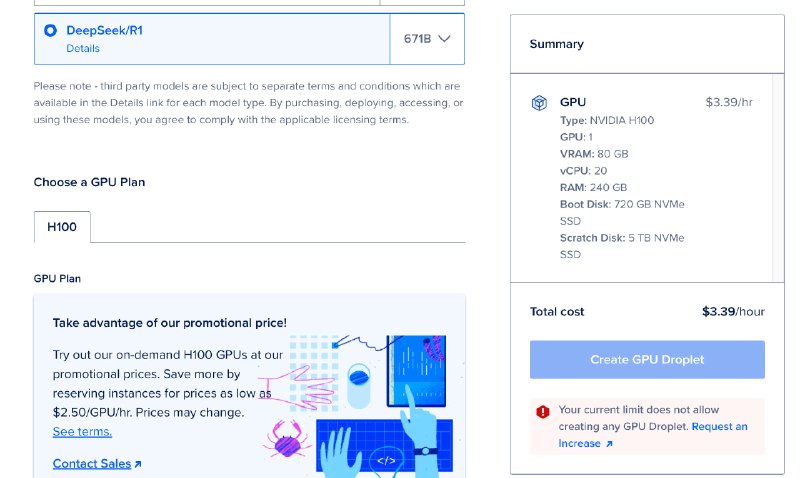 Digitalocean 上线了一件安装 DeepSeek/R1 的 GPU 虚拟机，使用 H100 显卡，80G内存，售价 $3.39/小时